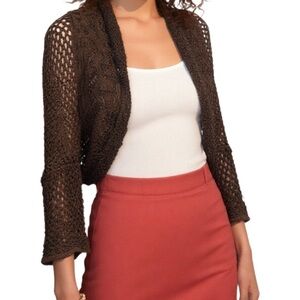 Anna Sui Vintage Boho Crochet Ruffle Bell Sleeve Shrug Sweater in Brown Size S/M